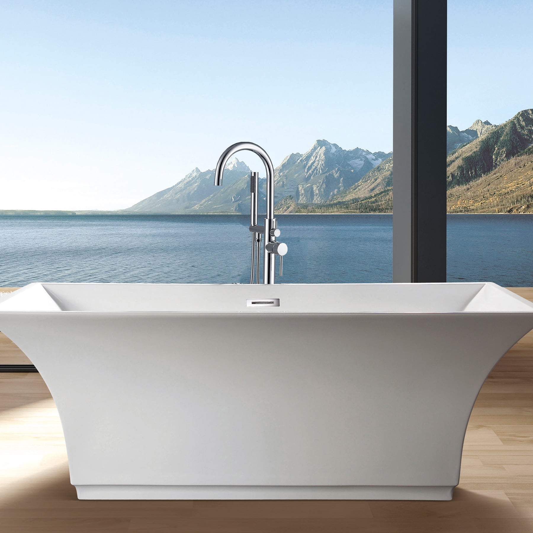 Freestanding Bathtub Faucet Floor Mount Tub Filler Single Handle Stainless Steel  Standing Bathtub Tap with Handheld Spray Swivel Right Angle Spout Brushed Nickel