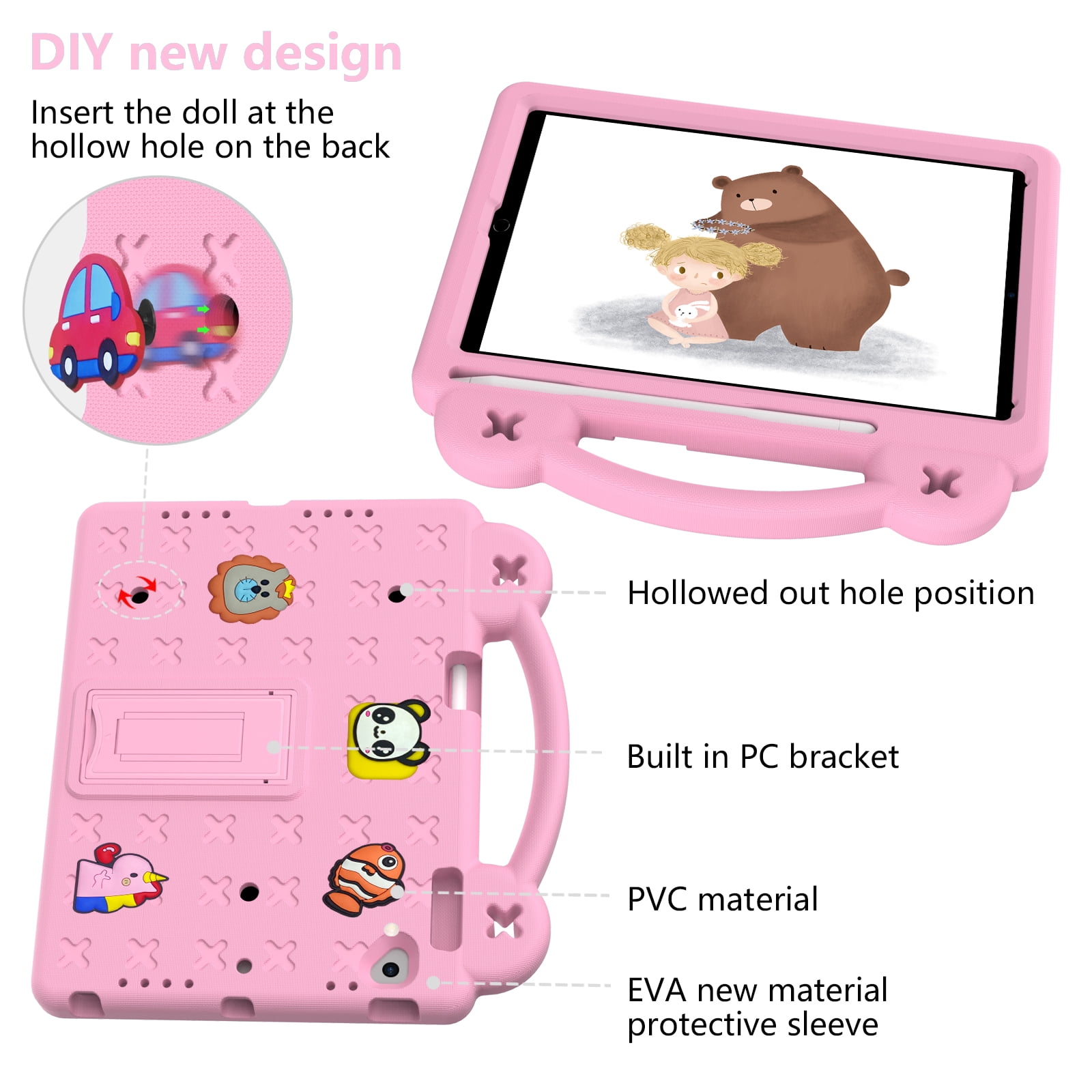 ELEHOLD Kids Case for iPad 6th/5th Gen/Pro (2018/2017/2016) 9.7 inch, EVA Foam Cute Cartoon Case with Built-in Kickstand Pencil Holder Shockproof Portable Case for iPad 9.7"/iPad Air/Air 2,Pink