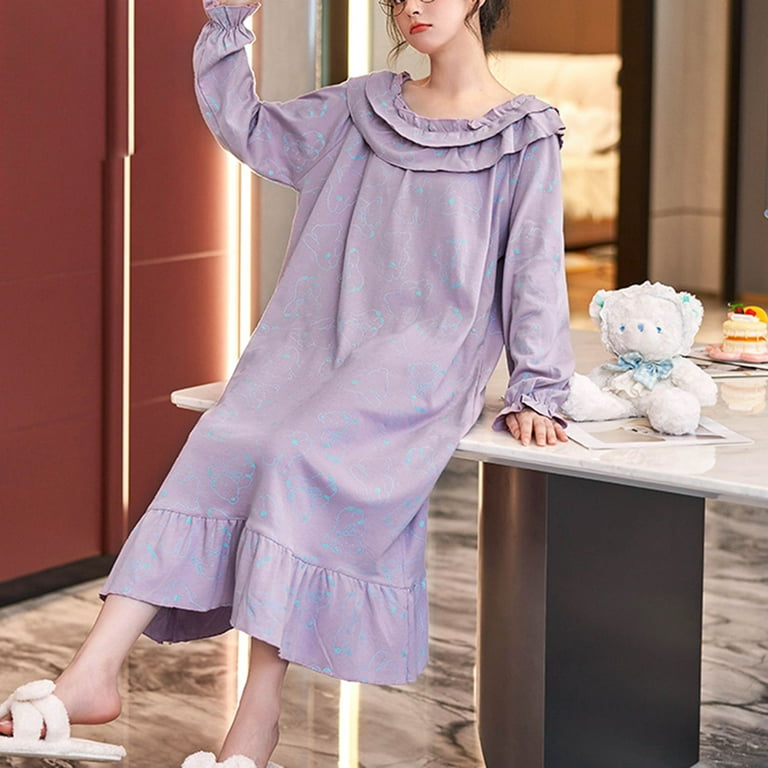 Homgro Women's Cute Long Sleeve Nightgown Padded Midi Sleep Dress Ruffle  Nighty Cotton Sleepwear Purple 4-6