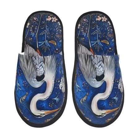 Balery Blue Heron Floral Garden Slient Indoor Furry Fleece Comfort House Shoes Soft Non-Slip Home Shoes Cotton slippers House Slippers-- Medium