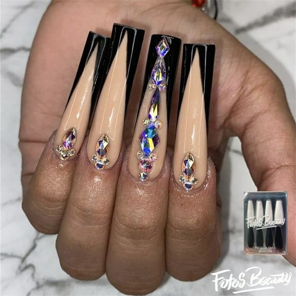 Christmas Decoration Fofosbeauty 24pcs Press on False Nails, Long Coffin Fake Nails, French V Diamonds