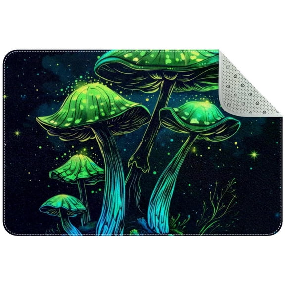 Green Glowing Mushrooms on Dark Night Background Small Area Rug, Non-Slip Door Mat Indoor Floor Mat, Washable Kitchen Rug Entrance DMat for Bedroom Living Room
