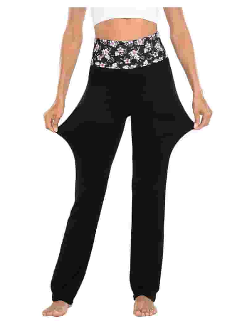 【HI FI FNK】Roas Jacquard Banding Pants HDE Women's Color Block Fold Over Waist Yoga Pants Flare Leg