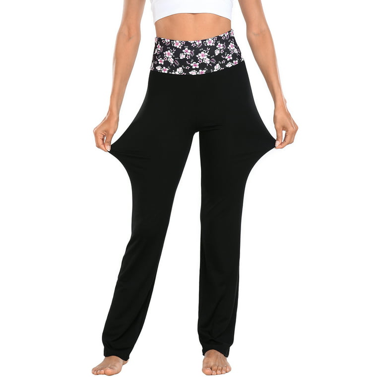 HDE Women's Color Block Fold Over Waist Yoga Pants Flare Leg Workout Leggings  Pink Hibiscus Floral / Black 4X 