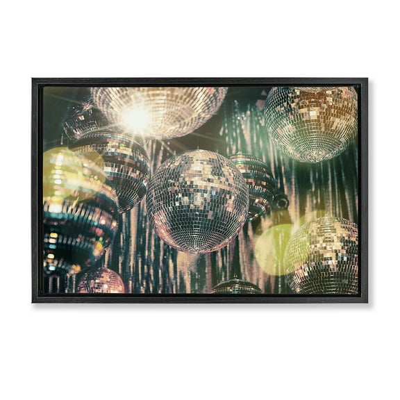 Stupell Industries Disco Balls with Bokeh Fashion Painting Black Floater Framed Canvas Art Print Wall Art, 25 x 17
