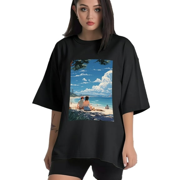 Plus Size Shirt for Women Black Tops for Women Short Sleeves Shirt for Women Seaside (46) T Shirt Crewneck Shirt for Women XS