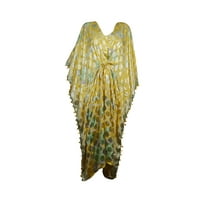 Mogul Bohemian Boho Chic Yellow Pom Pom Style Kimono Resort Wear Cover Up Maxi Caftan