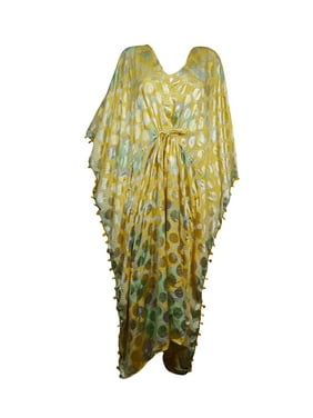 Mogul Bohemian Boho Chic Yellow Pom Pom Style Kimono Resort Wear Cover Up Maxi Caftan