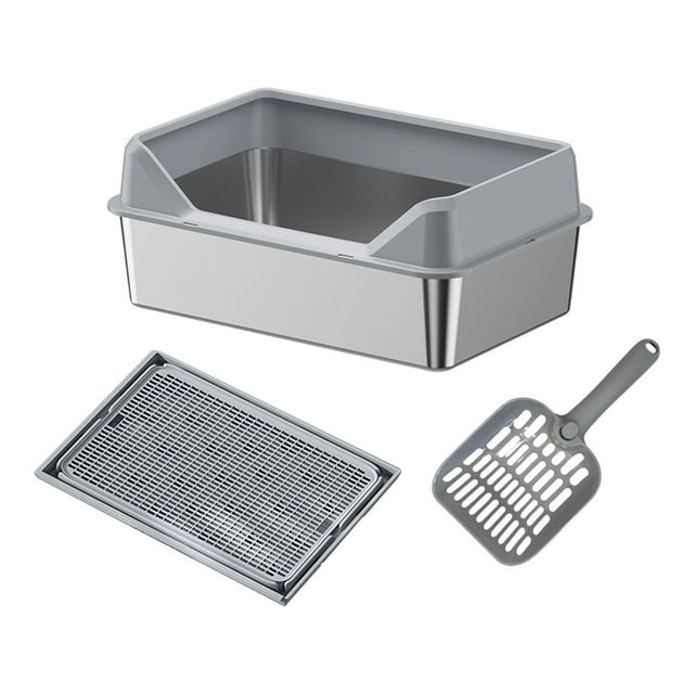 Bandeja de arena para gatos de acero inoxidable con parte abierta para uso en la oficina, el hogar y el camping Pantalón corto gris claro