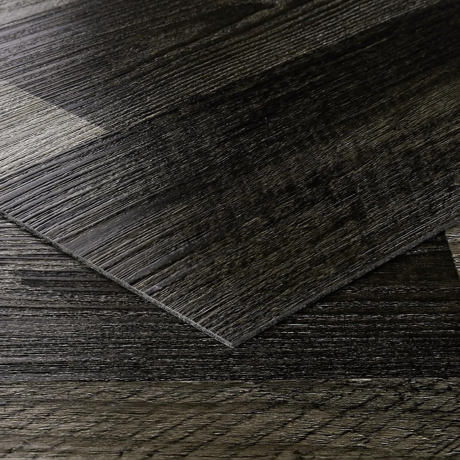 Retro Black Peel and Stick Floor Tile 12x12 4-Tiles Luxury Vinyl Plank Flooring Waterproof Kitchen Floor Tiles Self Adhesive Laminate Square Vinyl Sheet Flooring PVC Natural Black Walnut