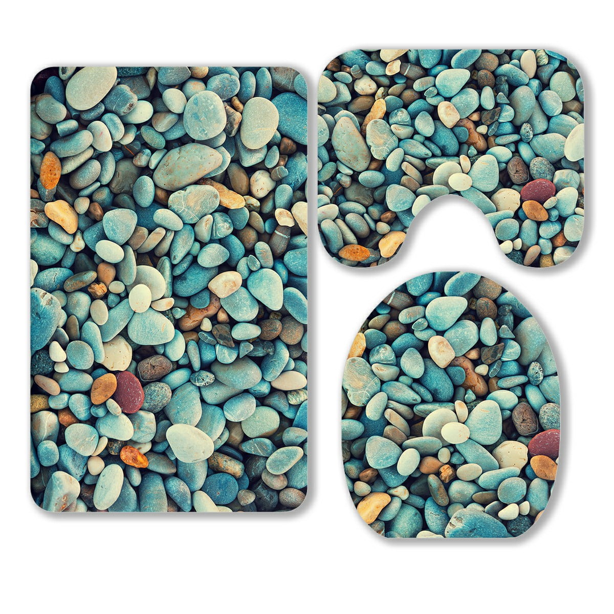 ECZJNT Natural Vintage Colorful Pebbles 3 Piece Bathroom Rugs Set Bath