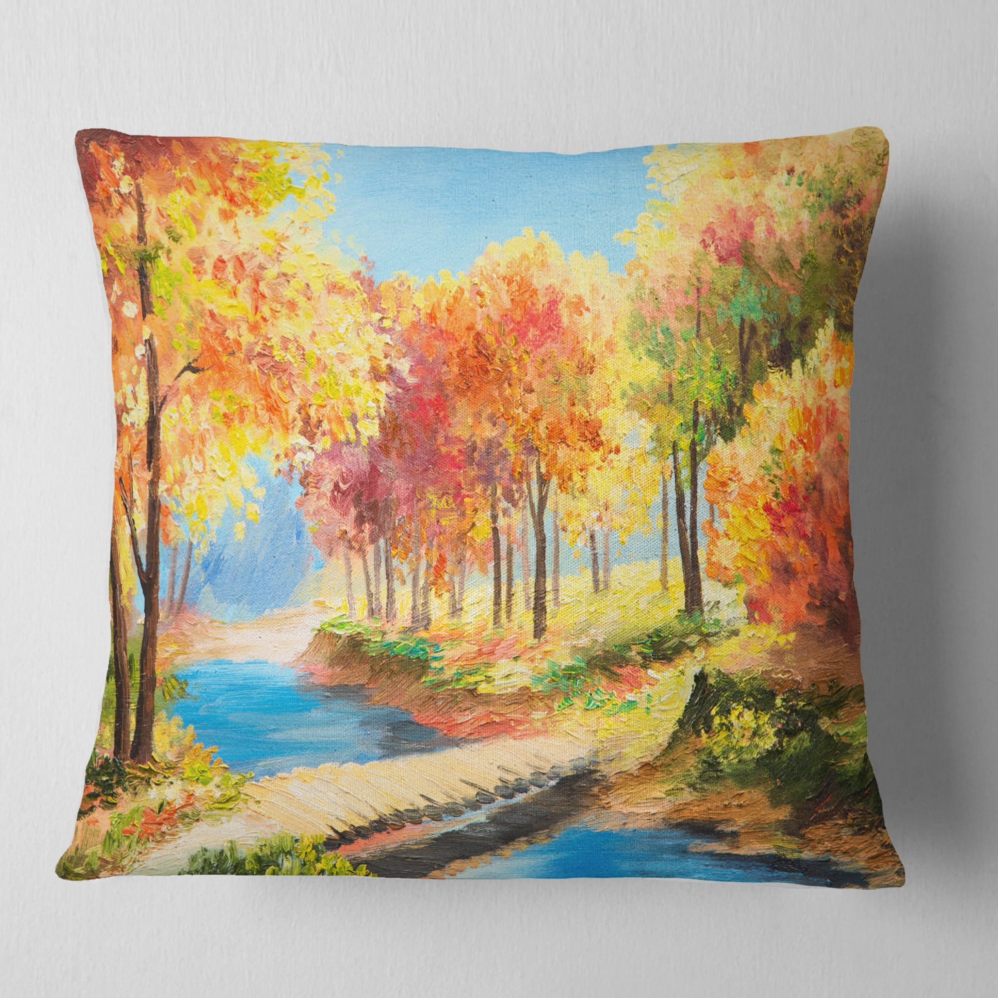 Designart Wooden Bridge in Colorful Forest - Landscape Printed Throw Pillow - 18x18