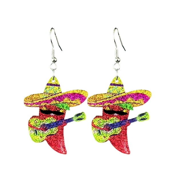 Pendientes mexicanos para mujer con brillo, pimienta y cactus