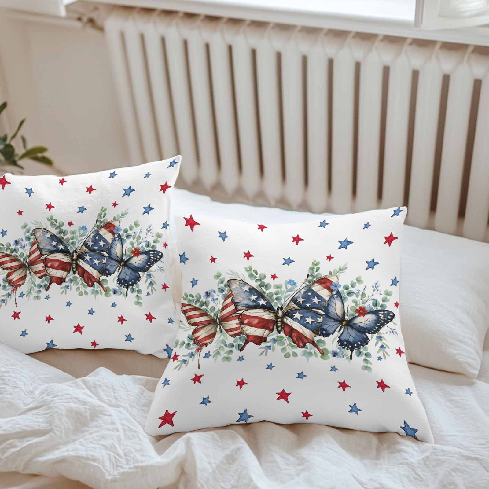 Waterproof Throw Pillow Covers 16x16 Set of 2, Patriotic Butterfly American Flag Theme Outdoor Pillowcases Invisible Zipper, Red White Blue Stars Decorative Cushion Covers for Patio Garden Sofa Couch