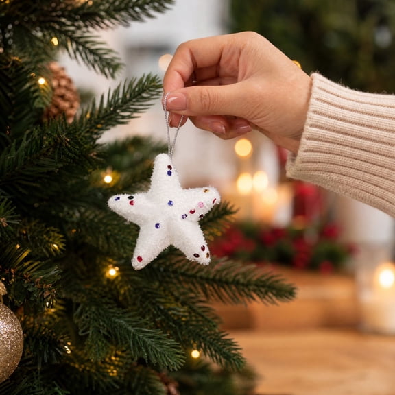 White Foam Star Christmas Hanging Ornament, Colorful Sequin Five Point Star Decoration for Holiday Tree, Wreath, Window, Mantel, Party Backdrop & Seasonal Indoor Home Display Decor