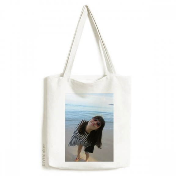 Ellie Yao Beautiflu Girl Beach Sea Wave Tote Canvas Bag Shopping Satchel Casual Handbag
