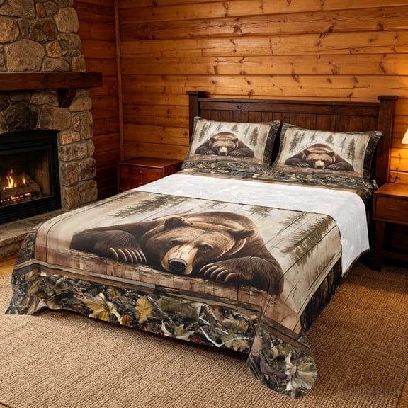 meiyoeat Rustic Cabin Bear Queen Sheet Sets, Vintage Farmhouse Bed Set, Brown, 4-Piece, 1 Flat Sheet, 1 Fitted Sheet and 2 Pillowcases