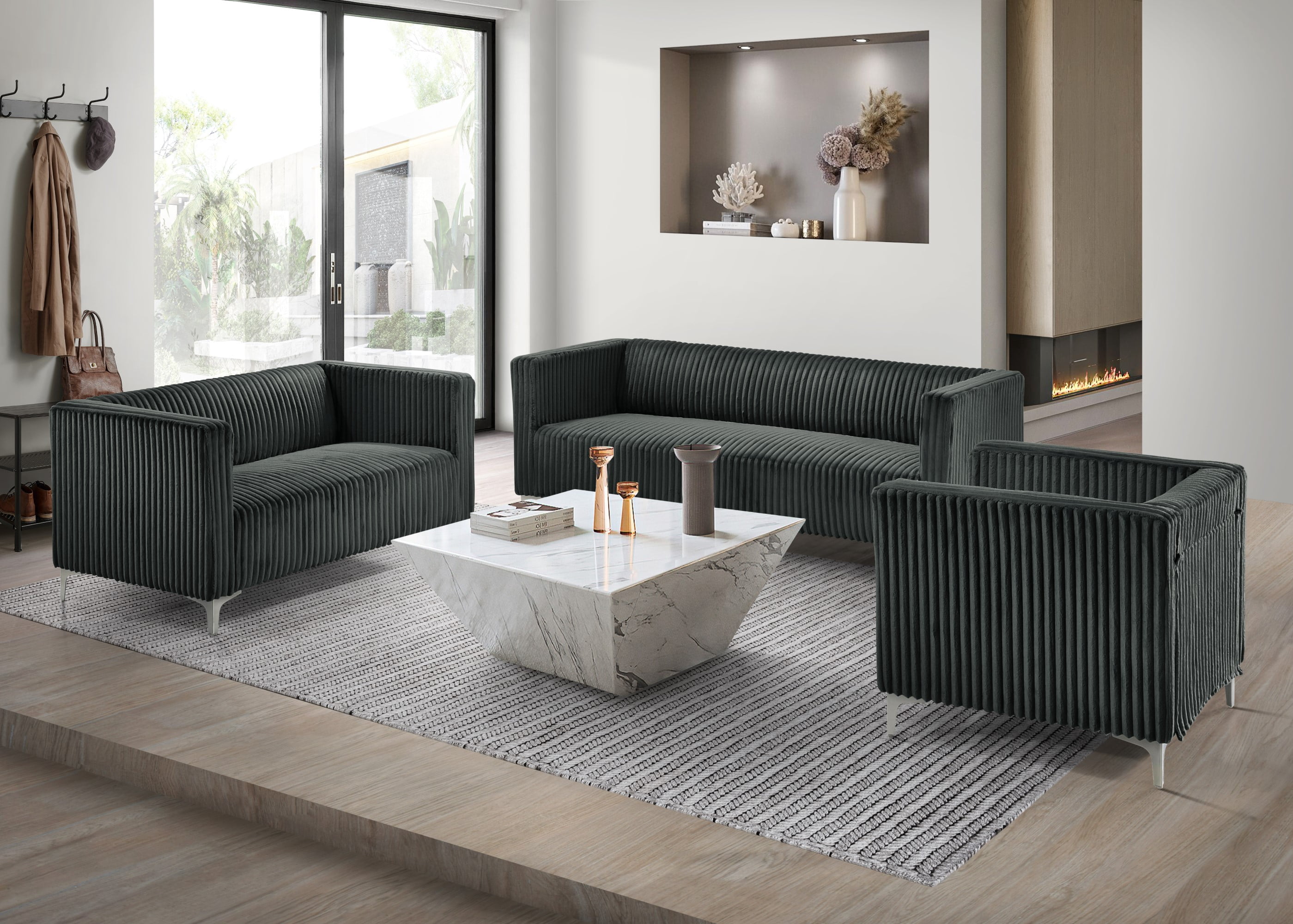 Home Design Gavin Velvet Square Arm Sofa with Plush Cushions and Modern Upholstery, Durable Frame for Living Room, Contemporary Gray Design