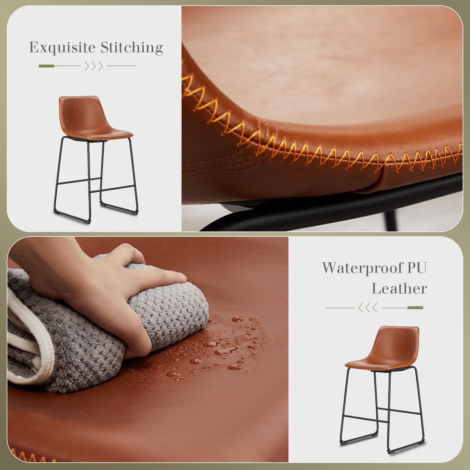 GIANNA Counter Height Bar Stools Set of 4, Faux Leather, Back and Metal Leg, 26 inch Height, for Home Kitchen Office, Brown