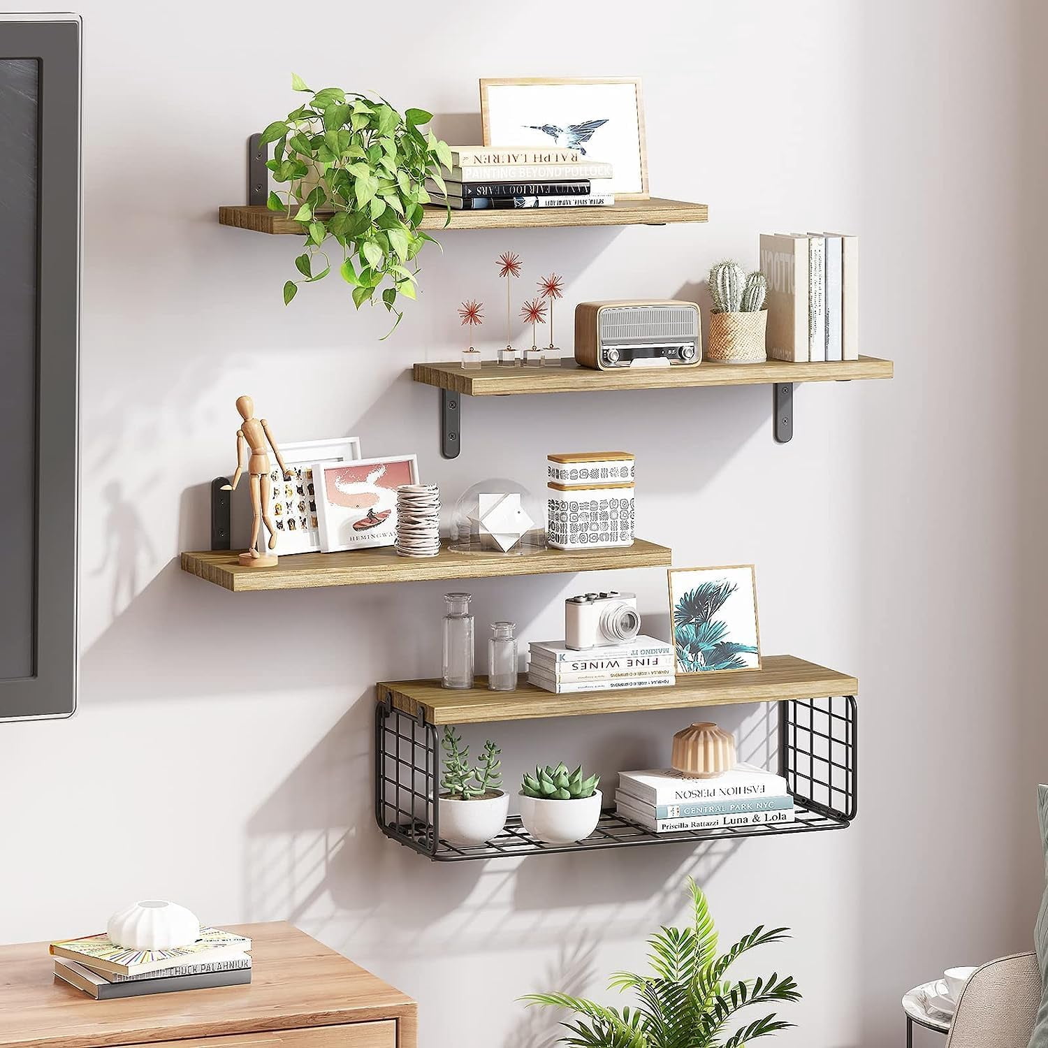 4+1 Tier Floating Shelves, Bathroom Shelves Over Toilet with Wire Storage Basket (Brown)