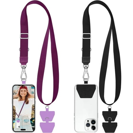 YSTDHL 2 Pcs Adjustable Phone Lanyard Neck Strap, Universal Mobile Phone Lanyard with 4 Adhesive Tethers, Compatible for iPhone, Samsung, HUAWEI and Most Smartphone Black & Purple