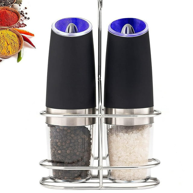 2pcs Gravity Electric Pepper And Salt Grinder Set, Adjustable Coarseness, Battery Powered With LED Light, One Hand Automatic Operation, Stainless Steel Black 7.8inch/2inch