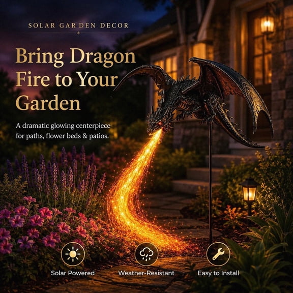 Solar Dragon Fire Garden Light, Dragon Light with Dancing Flame Effect, Outdoor Solar LED Dragon Statue for Yard Garden Pathway Patio Landscape Decor