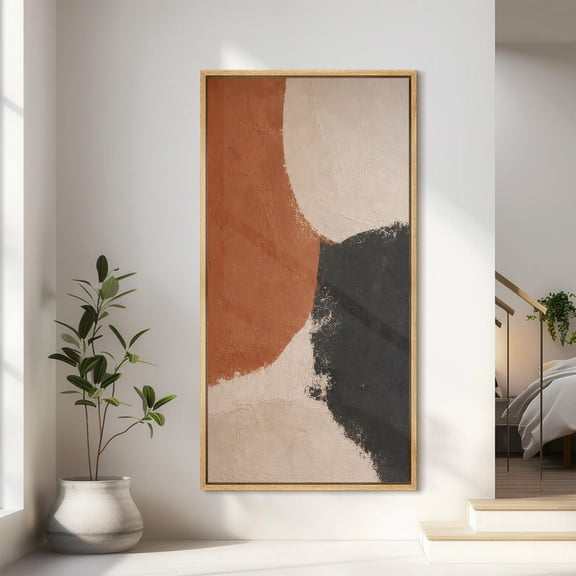 Large Framed Canvas Wall Art Terracotta Black Abstract Print for Living Room Decoration - 60"x30" Natural Frame