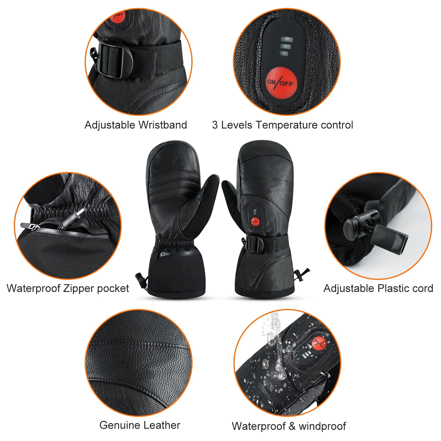 Sun Will Black Leather Waterproof Snow Gloves, Rechargeable Heated Touch Screen Warm Ski Mittens S-2XL