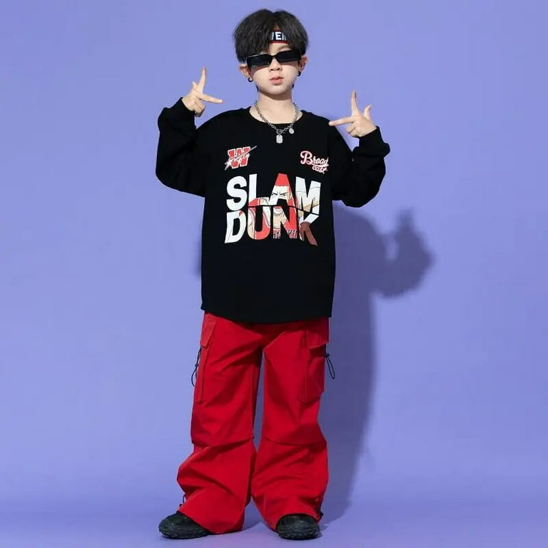 Kids Hip Hop Clothing Black Oversize Sweatshirt Tops Joggers Cargo