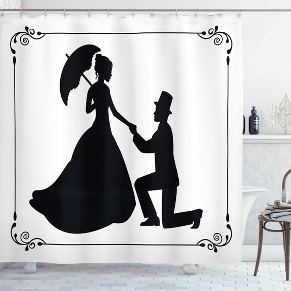 Engagement Party Shower Curtain, Kneeling Man Purposes to Crinoline Dressed Lady Under an Umbrella, Fabric Bathroom Set with Hooks, 69W X 84L Inches Extra Long, Black and White, by Ambesonne