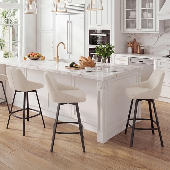 Zesthouse Swivel Bar Stools Set of 3, 25.6″ Upholstered Linen Counter Height Barstools with Backs, Modern Kitchen Chairs with Metal Legs, Beige
