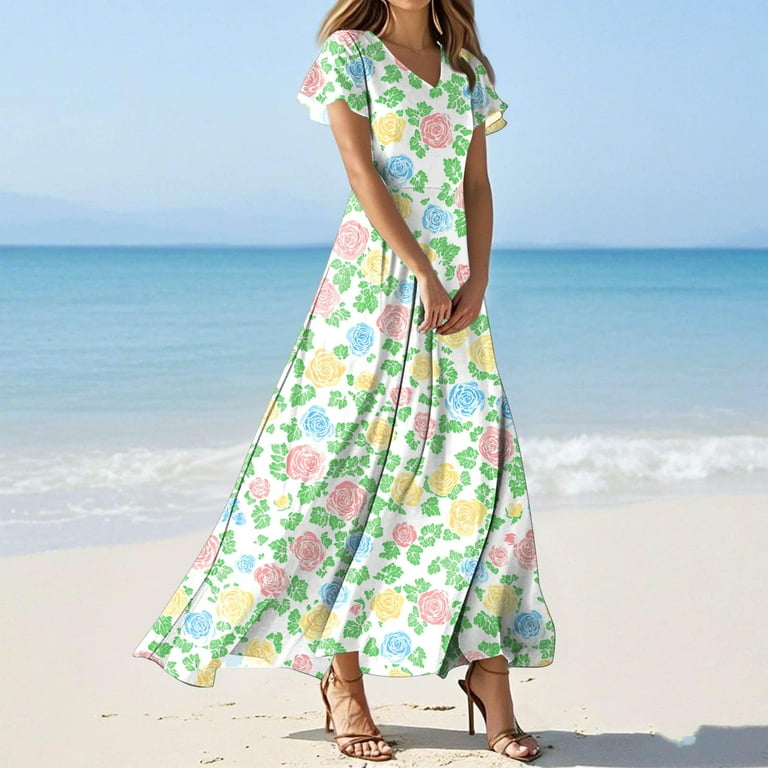 vigerkar Women's Flowy Chiffon Maxi Dress - Floral Print Beach Cover Up  with V-Neck, Ruffle Sleeves for Vacation Light Green, XXL - Walmart.com
