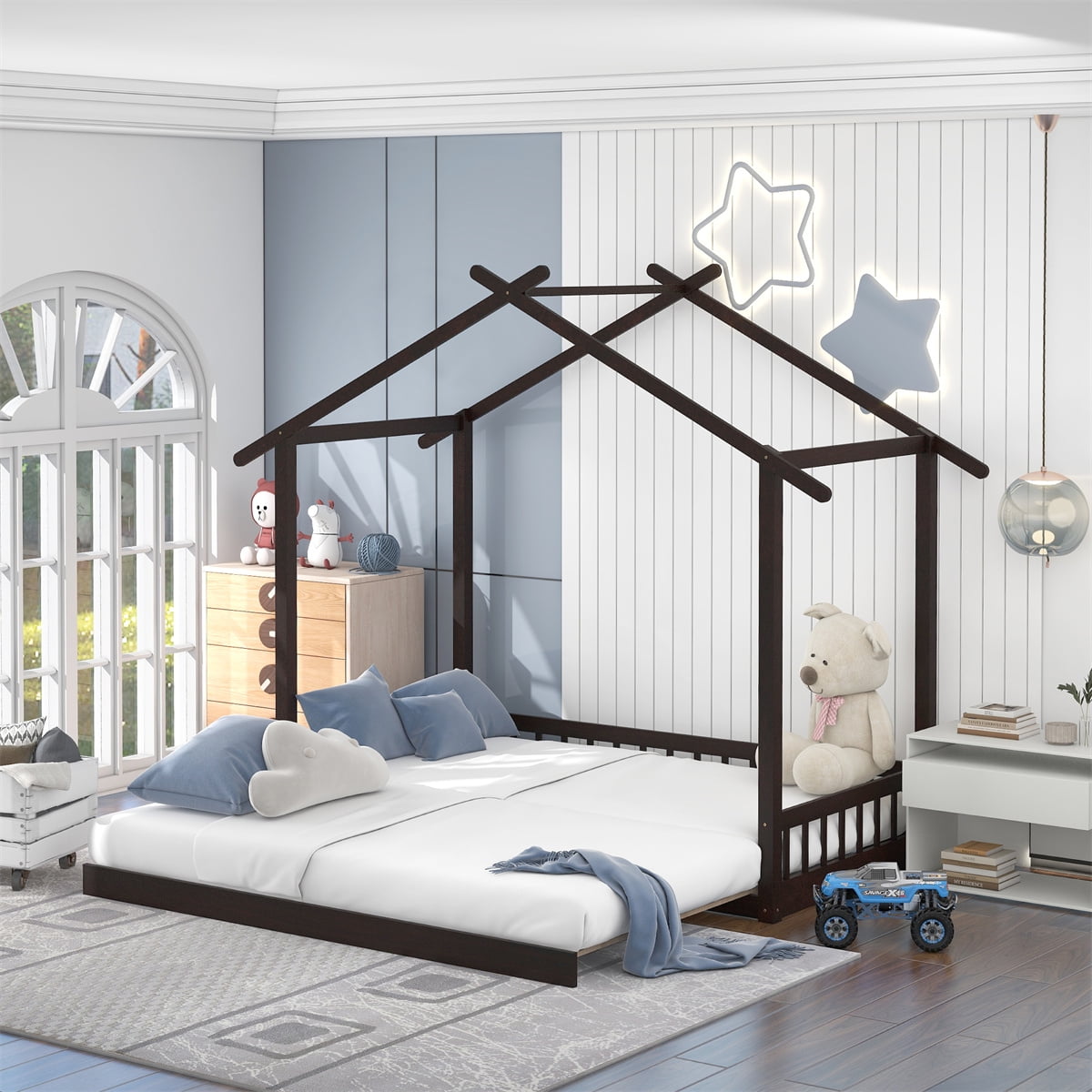 Ontwijken Systematisch Hoeveelheid geld Low Floor House Bed for Kids, Twin/King Size Bed Solid Wood Platform Bed  Wooden Daybed Frame Extending Bed Frame with Fence-shaped Guardrail, No Box  Spring Needed, Can be Decorated, Espresso - Walmart.com