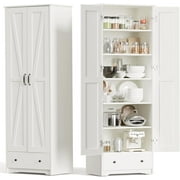 70" Farmhouse Pantry Cabinet with Barn Doors – Tall Storage Cabinet with 6 Adjustable Shelves & Drawer, Antique White Finish for Kitchen, Dining Room, or Bathroom