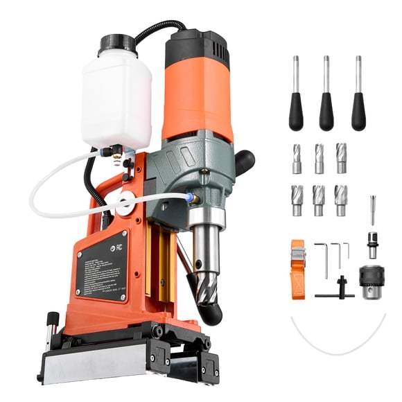 KFFKFF Magnetic Drill Press, 1400 W, 2 inch Boring Diameter, 0-750 RPM Speed, Reversible Direction, Mag Drill Press with 6 Core Bits, Electric Drilling Machine for Industrial and Home Improvement