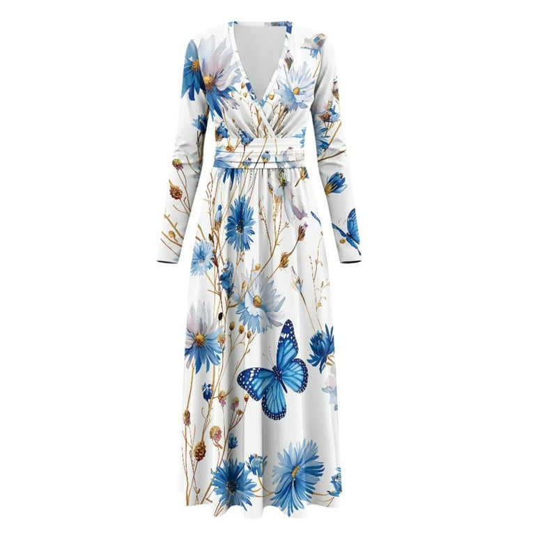 Fkelyi Blue Butterfly Flower Print Long Sleeve Maxi Dress for Women V-Neck Soft Casual Dress Flowy A-Line Dresses with Side Pockets for Party Wedding, Fkelyi Blue Butterfly Flower Print Long Sleeve Maxi Dress for Women V-Neck Soft Casual Dress Flowy A-Line Dresses with Side Pockets for Party Wedding,
