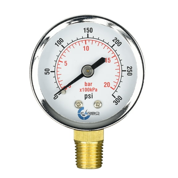 CARBO Instruments 2" Pressure Gauge, Chrome Plated Steel Case, Dry, 0-300 psi/kPa, Lower Mount 1/4" NPT
