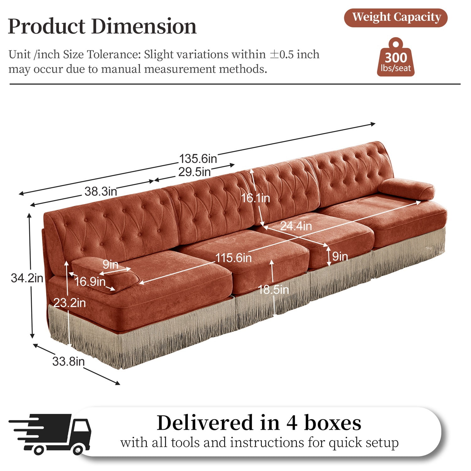 Hommoo 4-Seater Chesterfield Style Velvet Fabric Sofa Couch set, Tufted Button Upholstered Design and Floor-grazing Tassel, Free Combination Sectional Sofa, for Home, Red Brown
