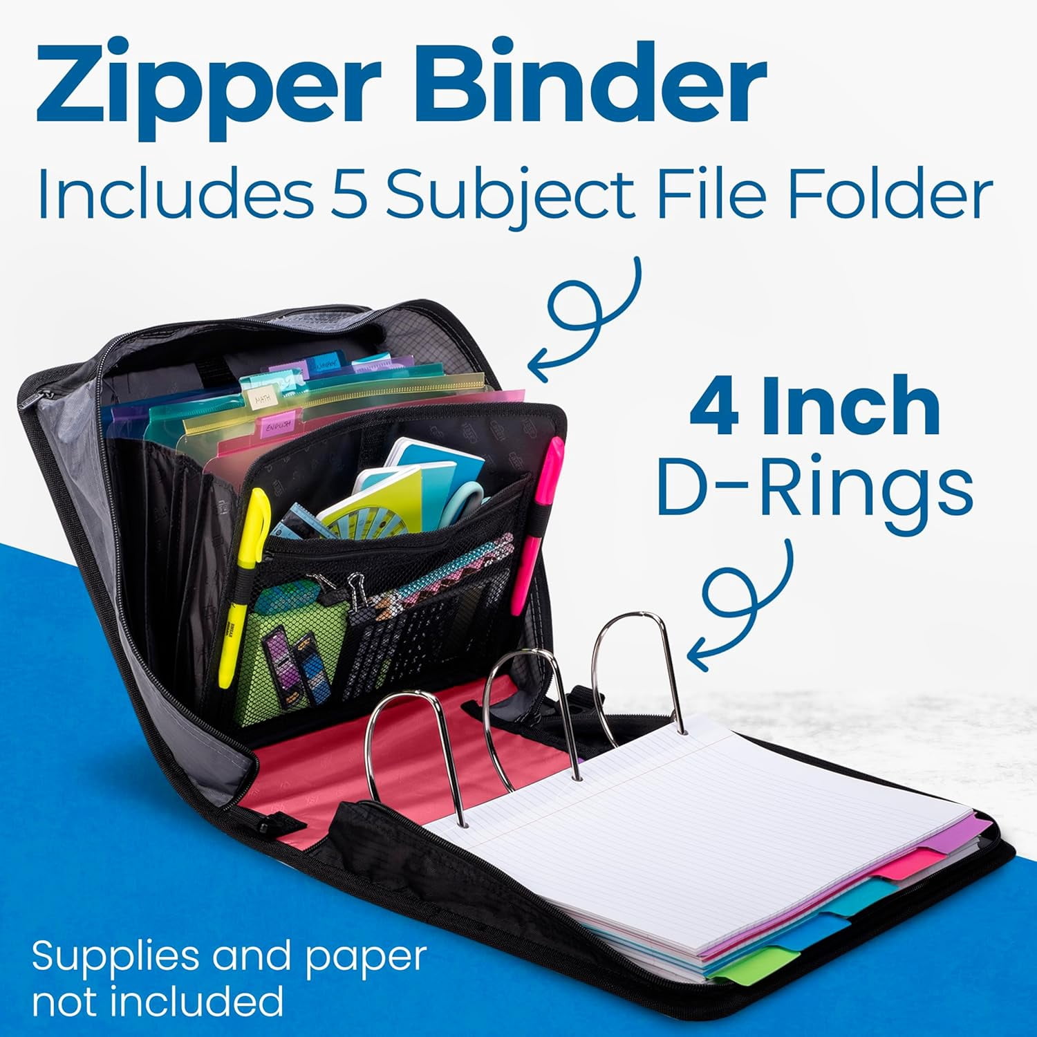 Case-it The King Sized Zip Tab Zipper Binder - 4 Inch D-Rings - 5 Subject File Folder - Multiple Pockets - 800 Sheet Capacity - Comes with Shoulder Strap - Fire Red D-186