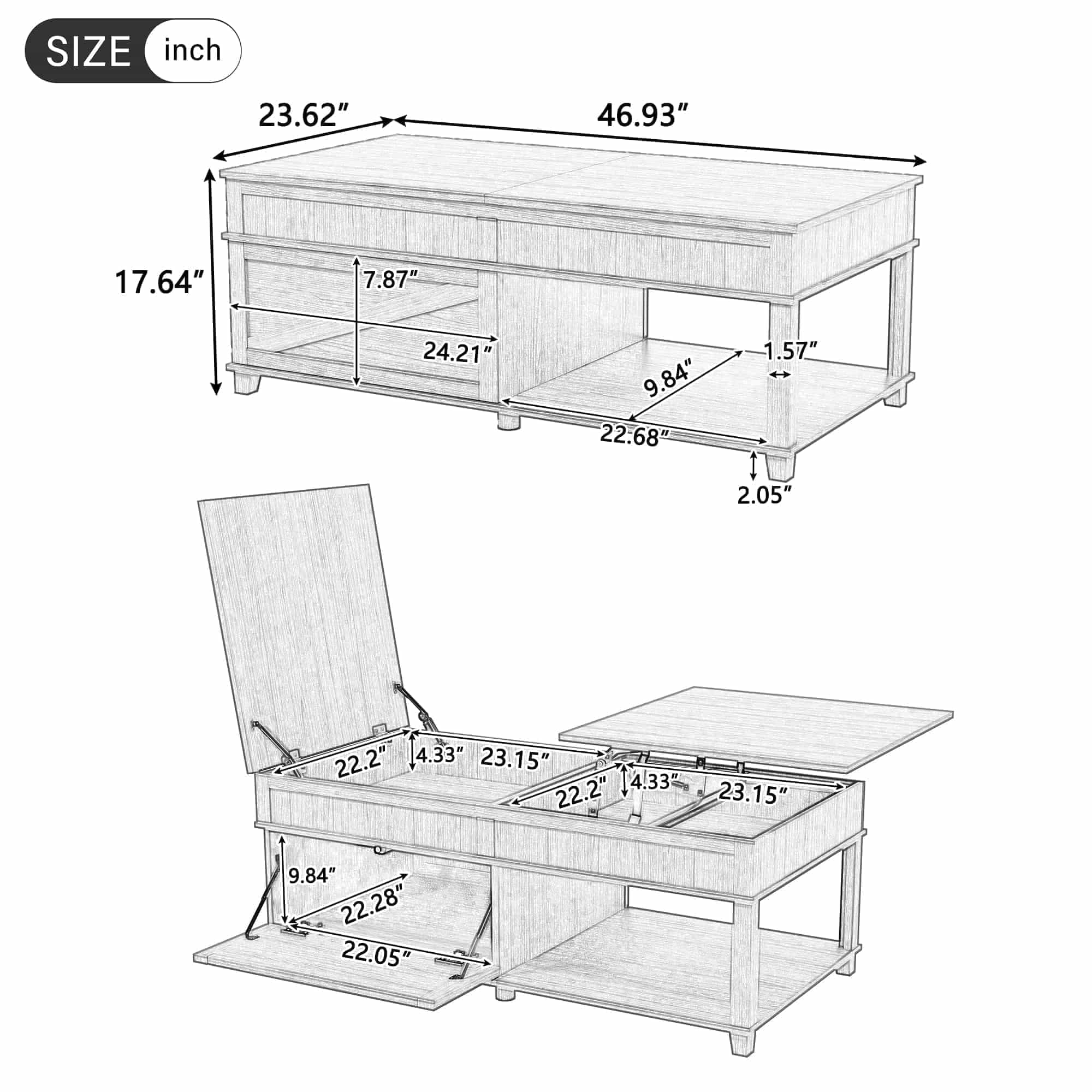 Homy Casa 46.9 in Lift Top Coffee Table with Hidden Storage for Living Room Dark Brown