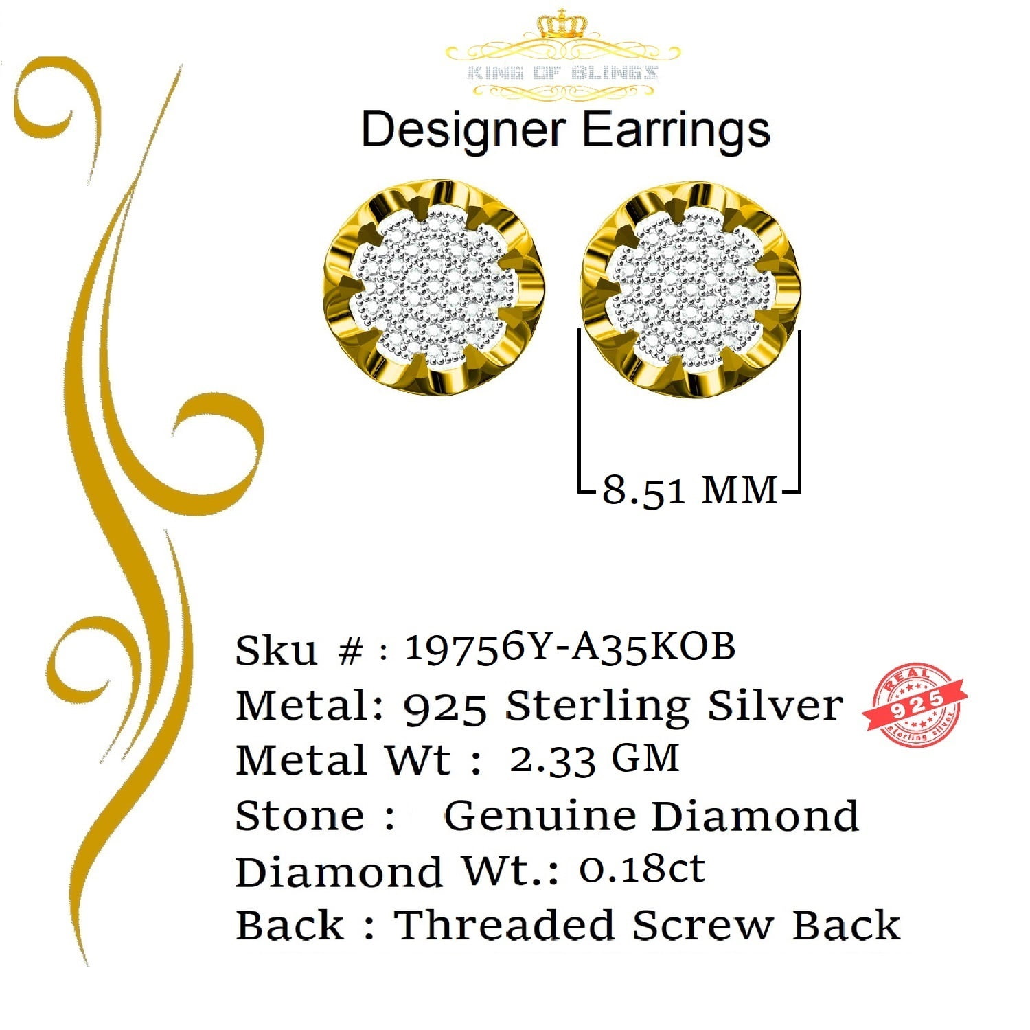 King of Bling's 925 Sterling Silver 0.18ct Diamond For Women's/ Men's Yellow Stud Round Earrings