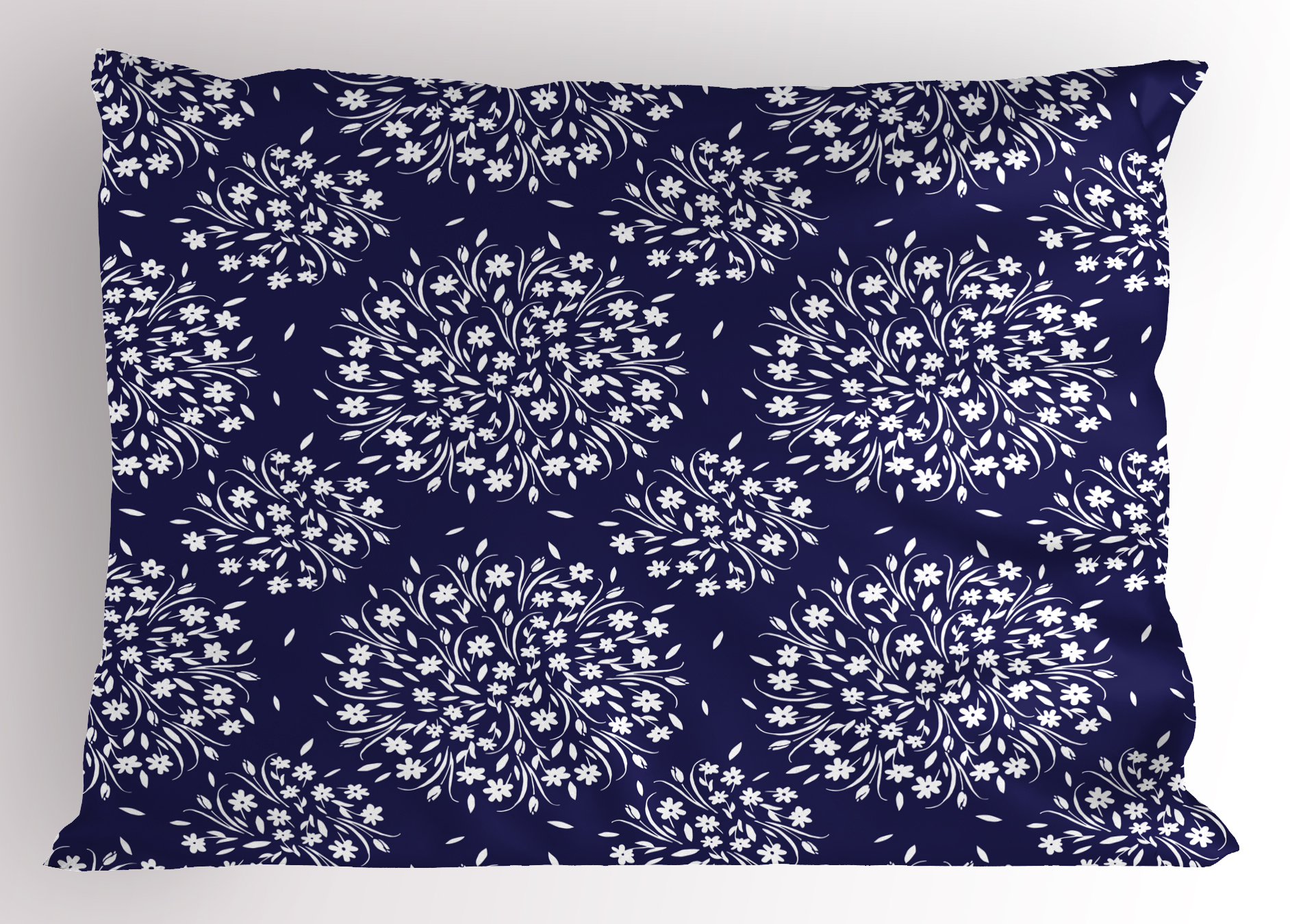 Navy and White Pillow Sham Scroll Pattern with Little Rural Wildflowers