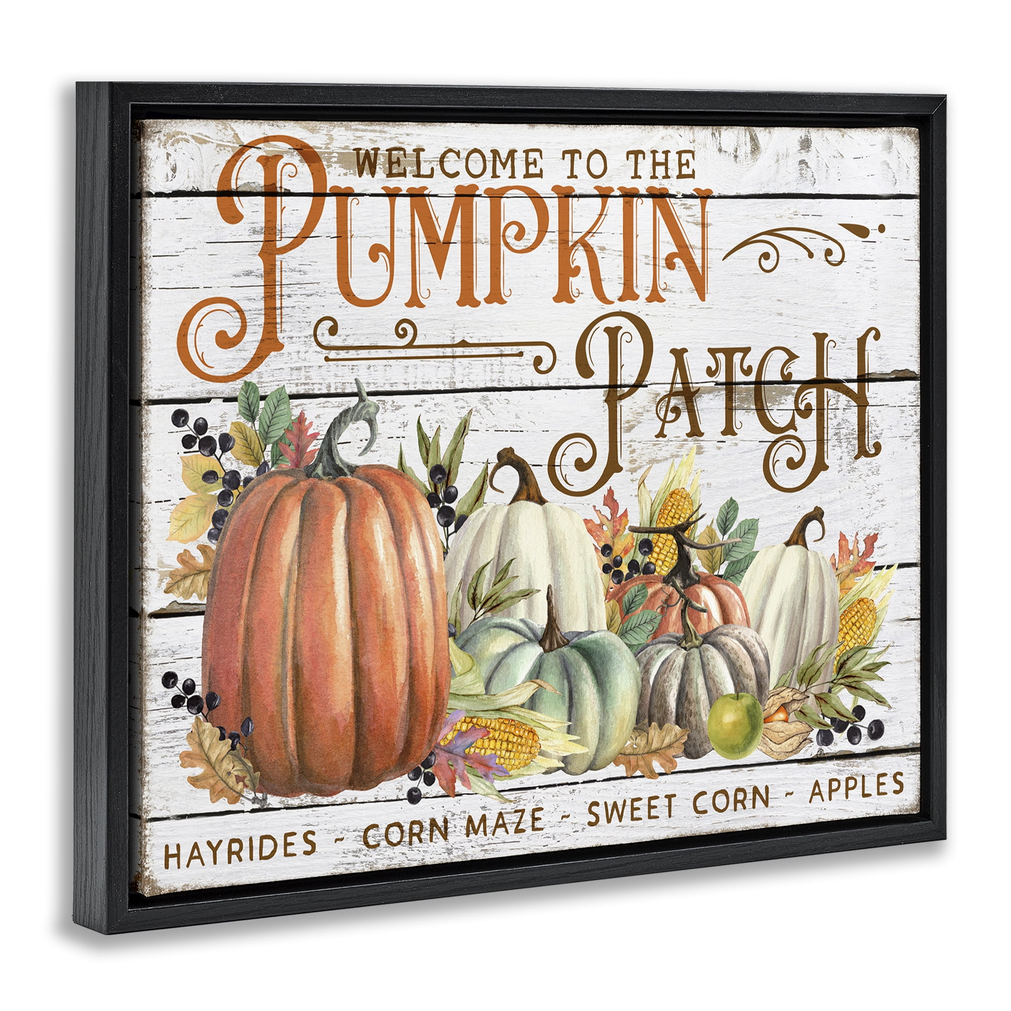 Stupell Industries Welcome Pumpkin Patch Holiday Painting Black Floater Framed Canvas Art Prints Wall Art, 21 x 17