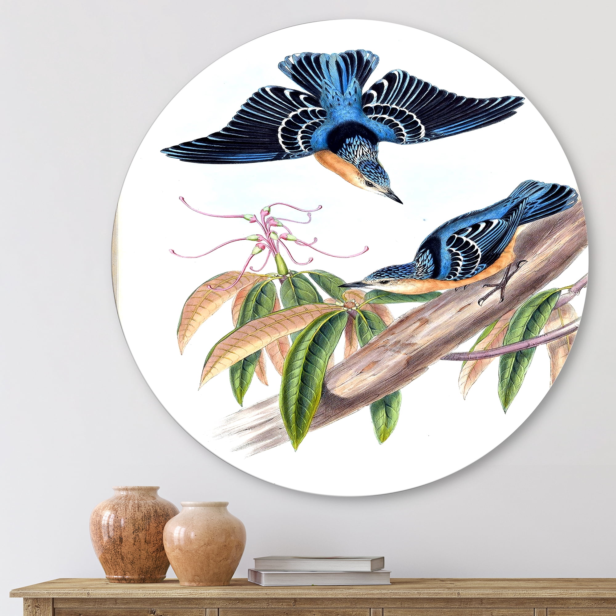 Designart 'Vintage Countryside Birds On Branch V' Farmhouse Circle Metal Wall Art 11x11 - Disc of 11