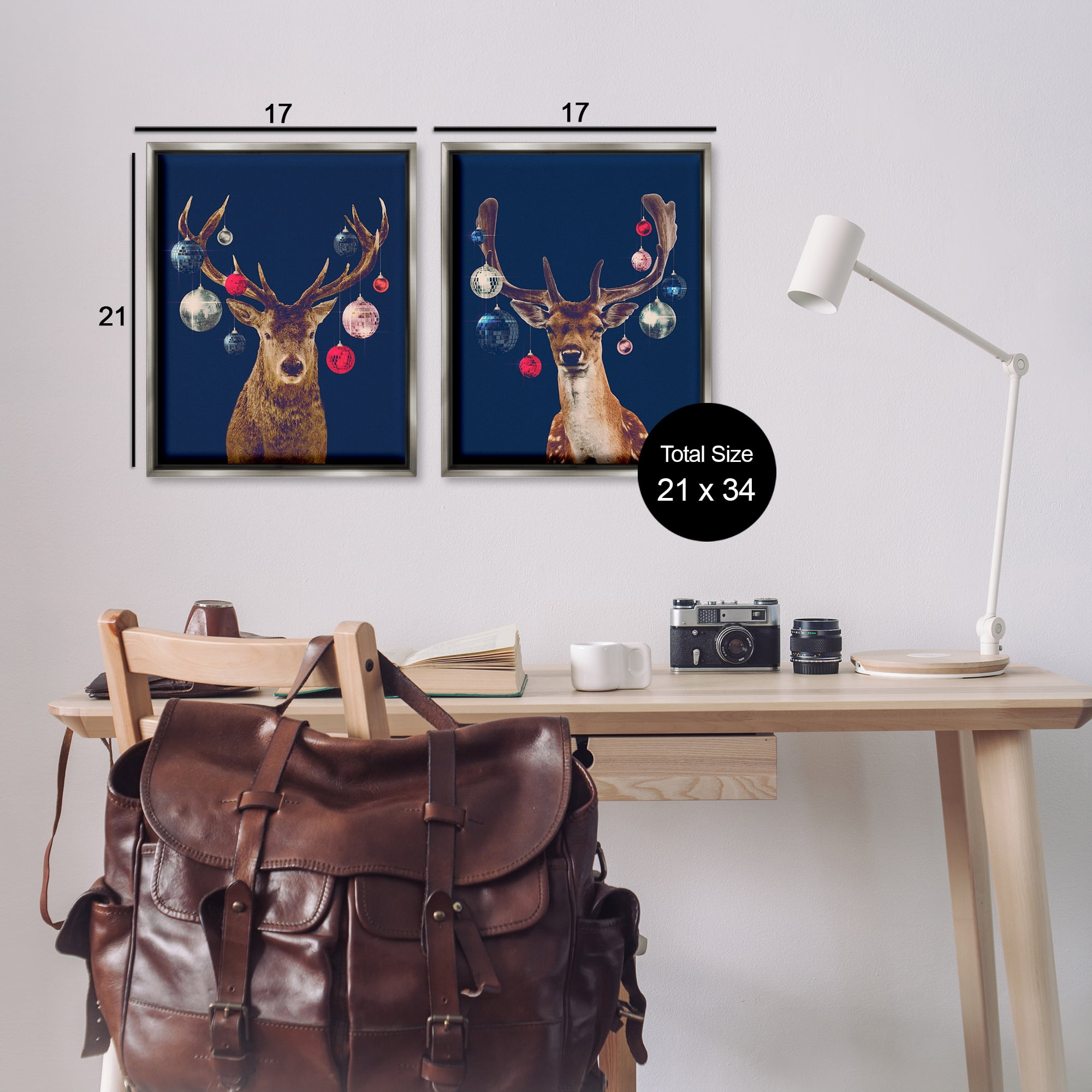 Stupell Industries Navy Brown Disco Deer Holiday Painting Gray Floater Framed Canvas Art Print Wall Art, 17 x 21, Set of 2