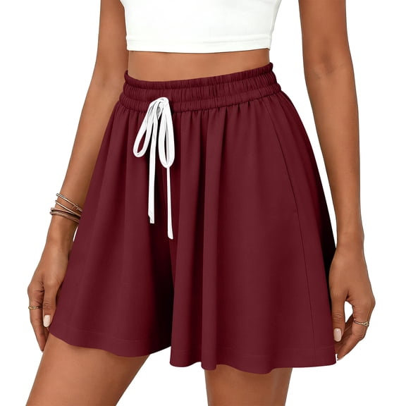 Womens Flowy High Waisted Shorts Loose Fit Drawstring Casual Summer Shorts with Side Pockets Red S