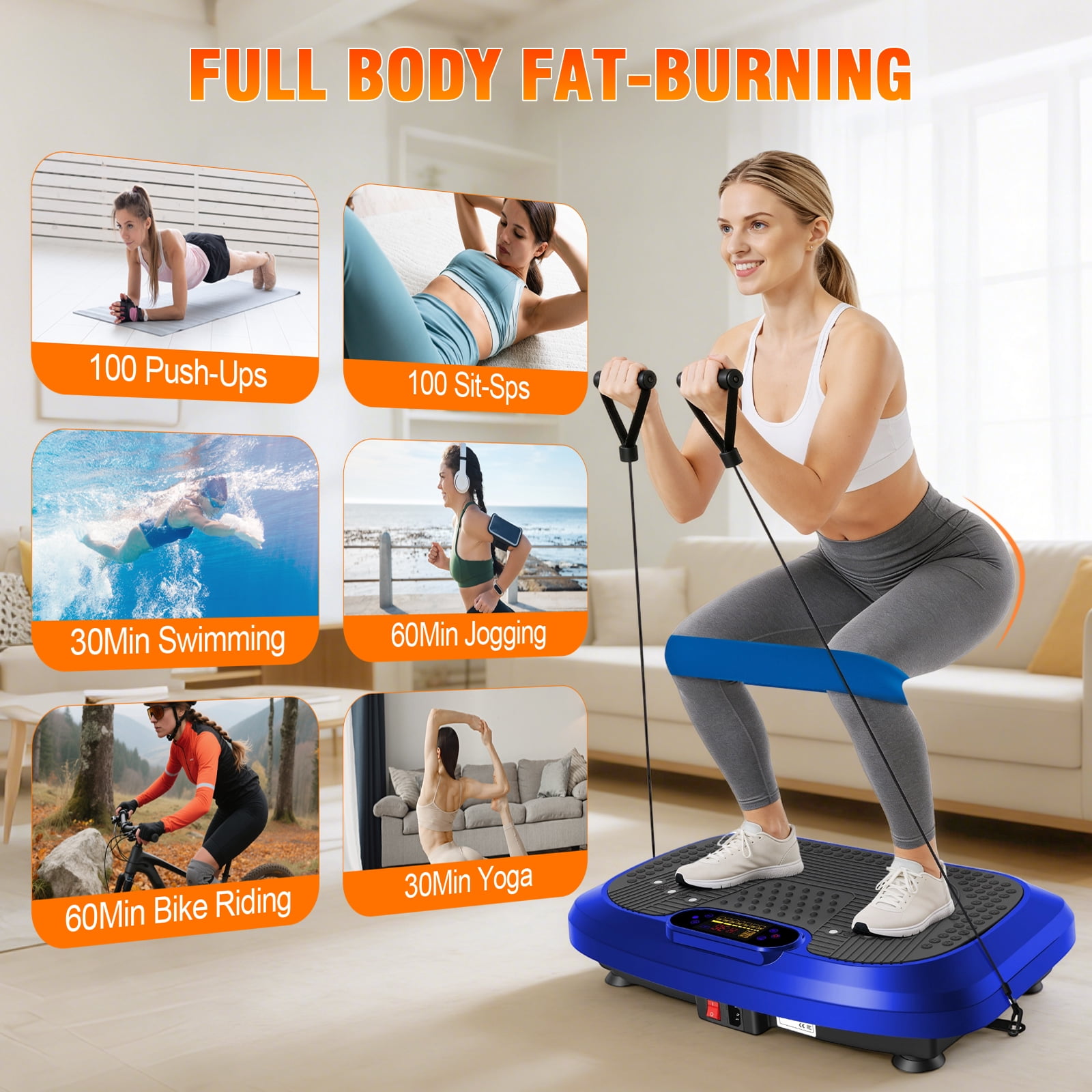 RICAN Vibration Plate Exercise Machine, Full Body Vibration Platform with 2 Loops & 5 Resistance Bands for Wellness and Fitness, Blue