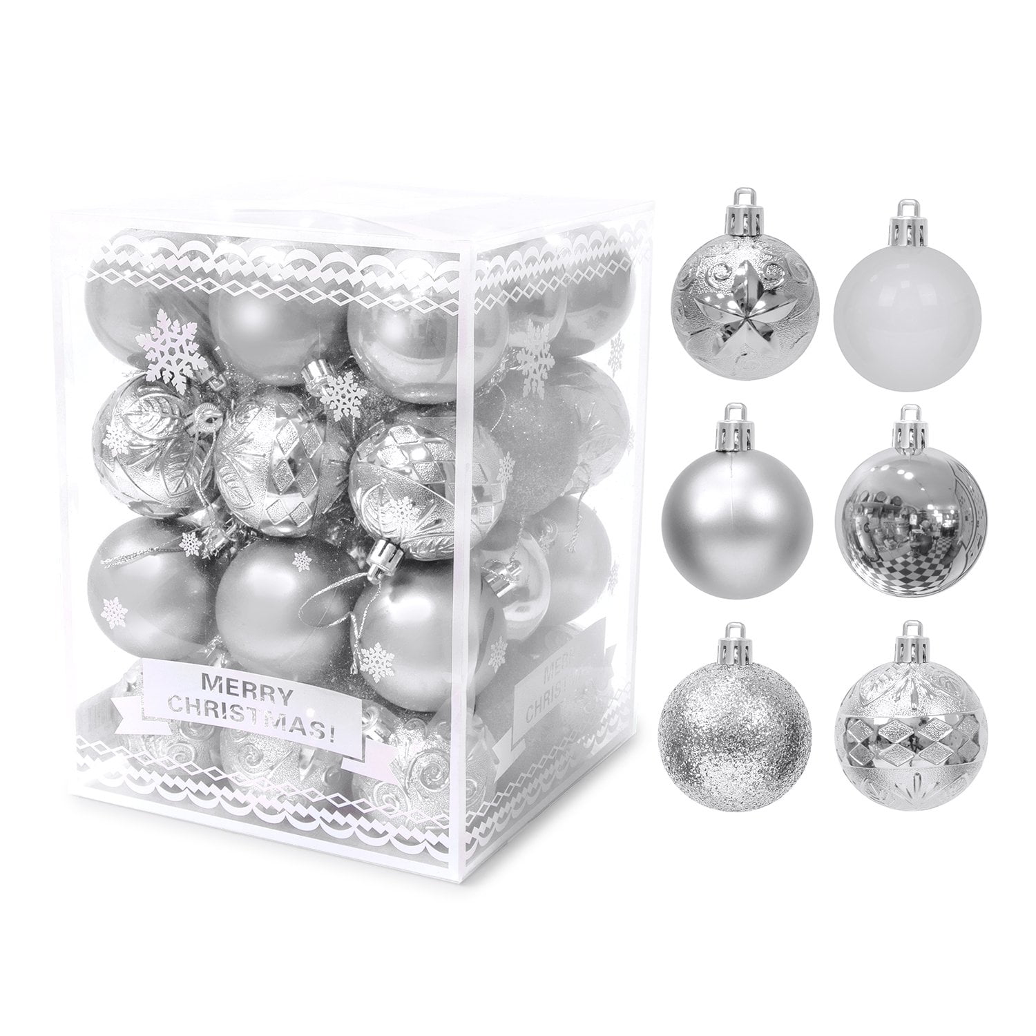 WBHome 105ct Assorted Christmas Ball Ornaments Set - Silver and White,  Shatterproof Ornaments for Christmas Tree Decorations Xmas Holiday Decor,  Hooks