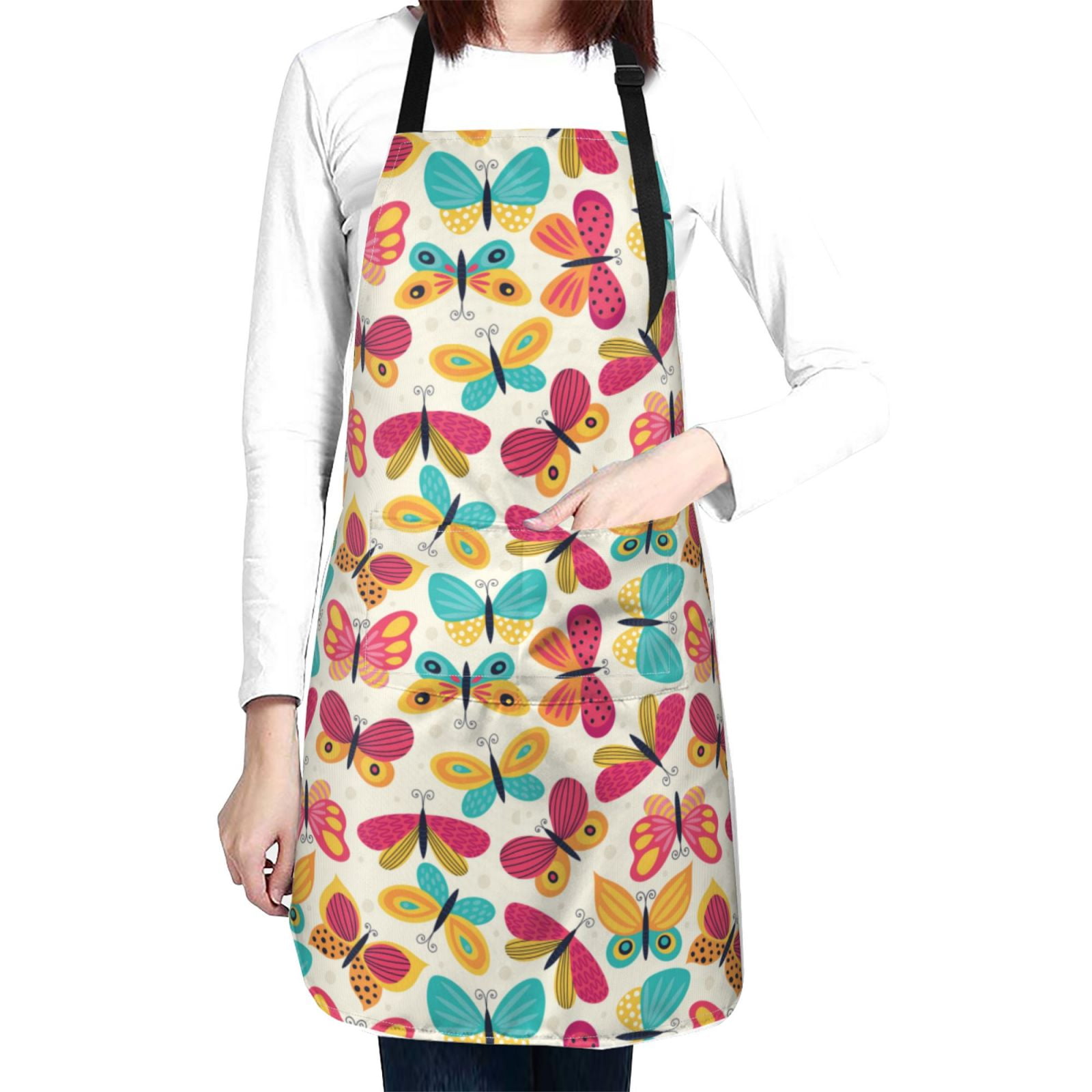 Kdxio Colorful Butterflies Apron with Pockets Adjustable Kitchen Aprons for Men Women Waterproof Aprons for Cooking,Drawing,Crafting, Baking Household Cleaning
